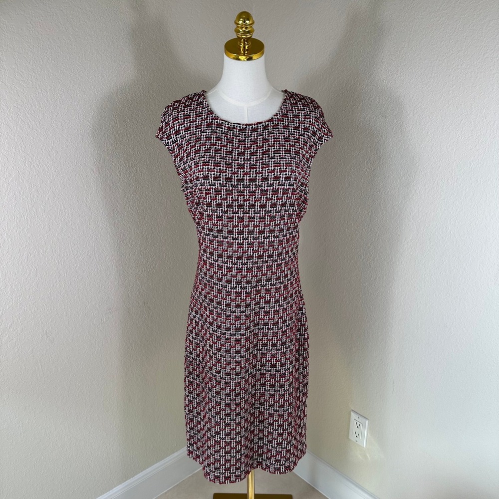 St. John Tweed Sheath Dress Women 10 Red Black White Knit Old Money Quiet Luxury - Picture 1 of 9
